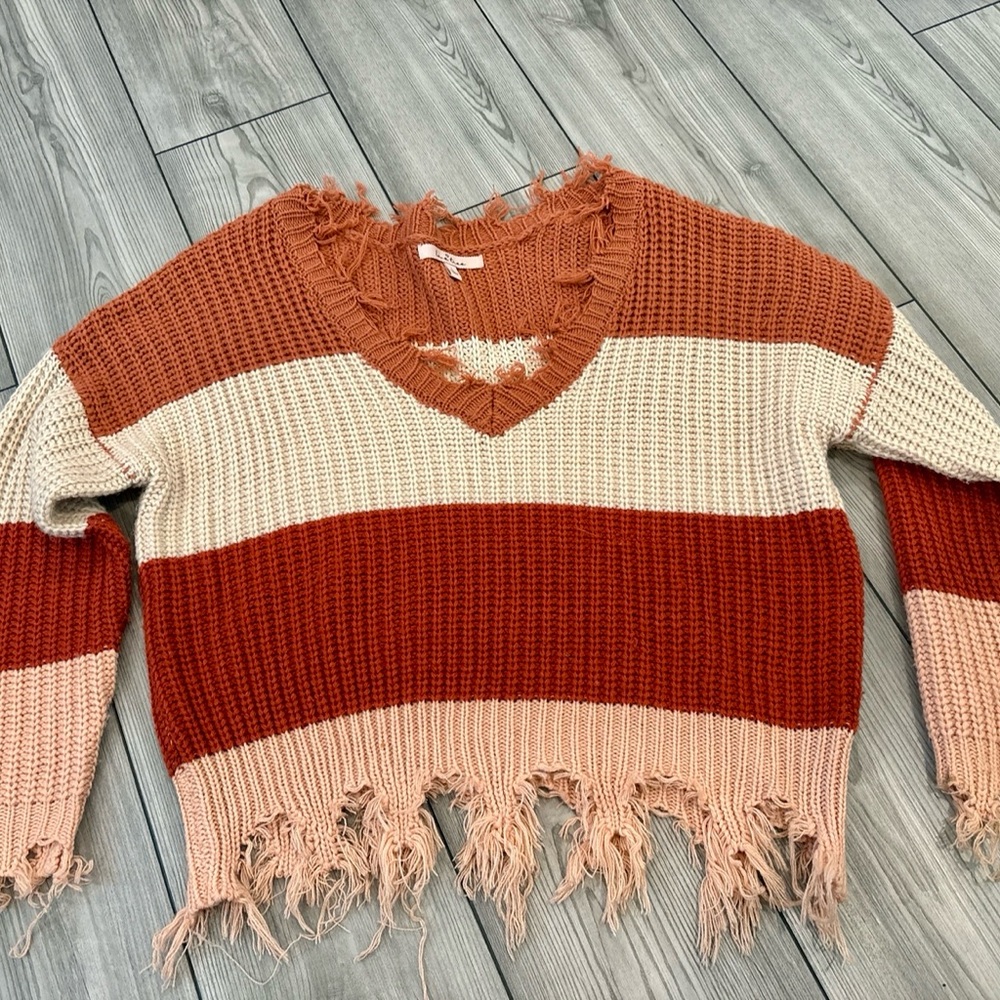 Pink Lily Off-the-Shoulder Sweater - Rust and Cream